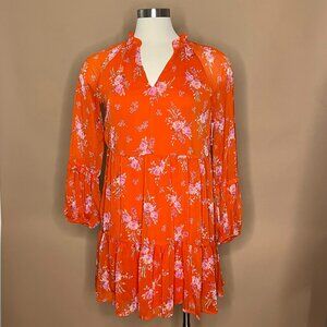 Vince Camuto Orange Floral Tiered Dress Long Sleeve Ruffle Neck Size XSmall